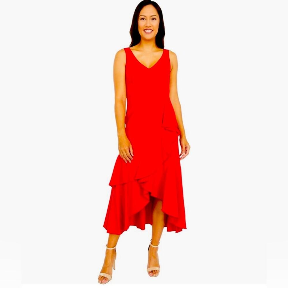 TAYLOR Women’s 8 Sleeveless Formal Gala Ruffle Trim Chiffon Midi‎ Dress Bold Red